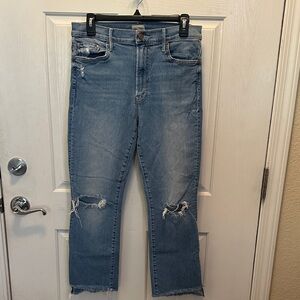 MOTHER Light Blue Distressed Cropped Jeans
